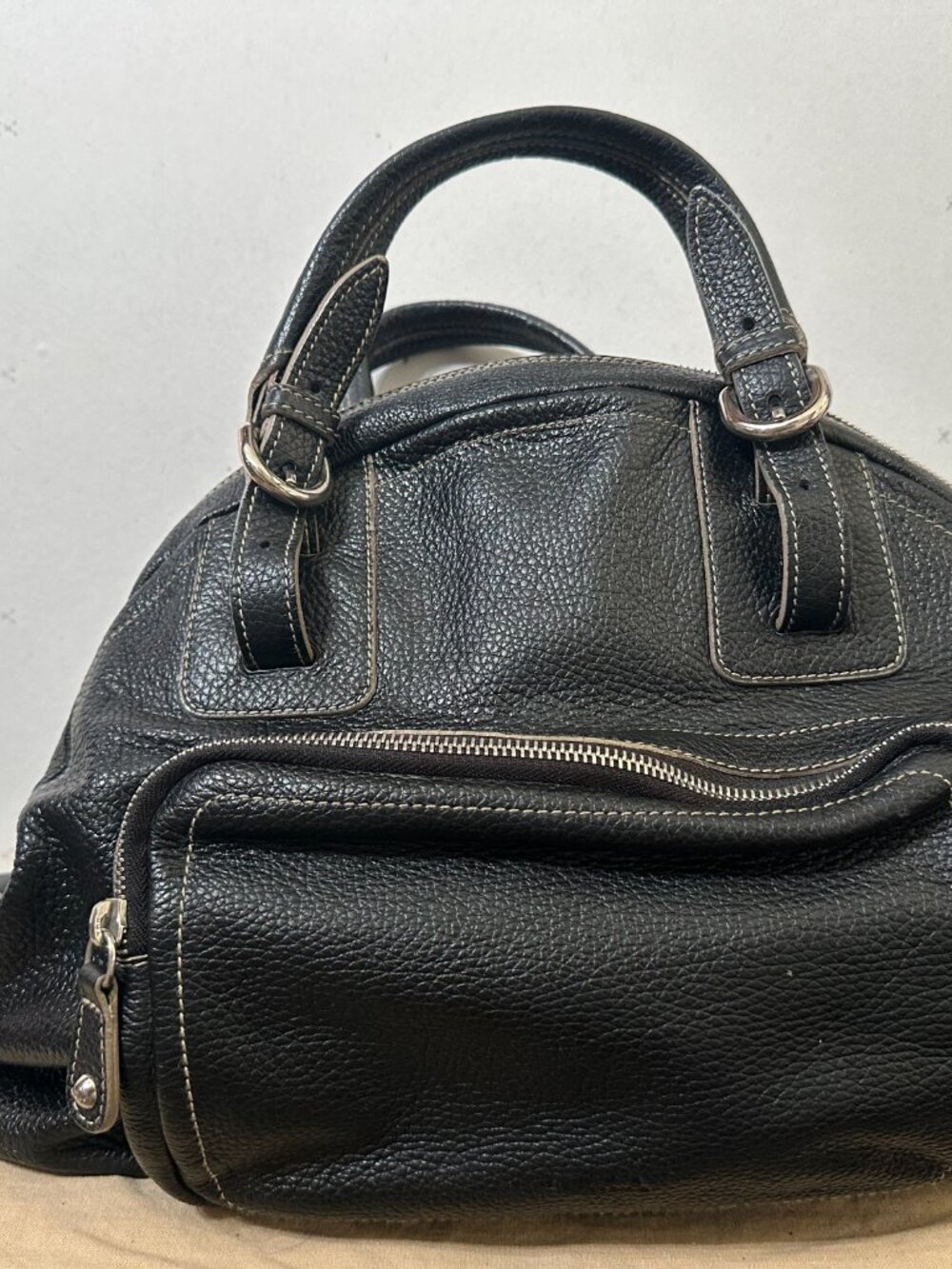 Furla Black Pebbled Leather Dome Satchel Bowling Bag Made in Italy - Picture 2 of 8